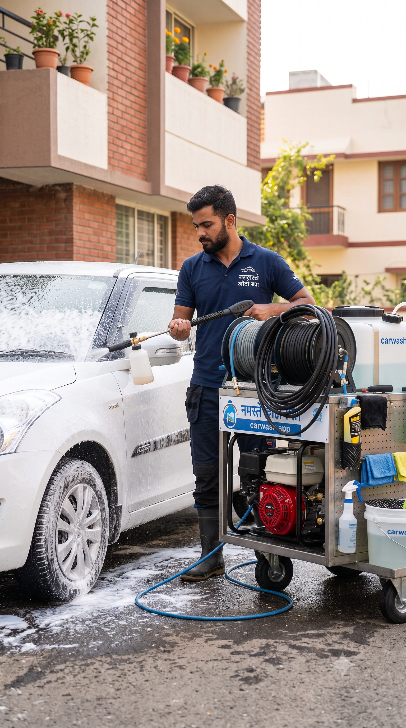 Professional performing a car wash at a home